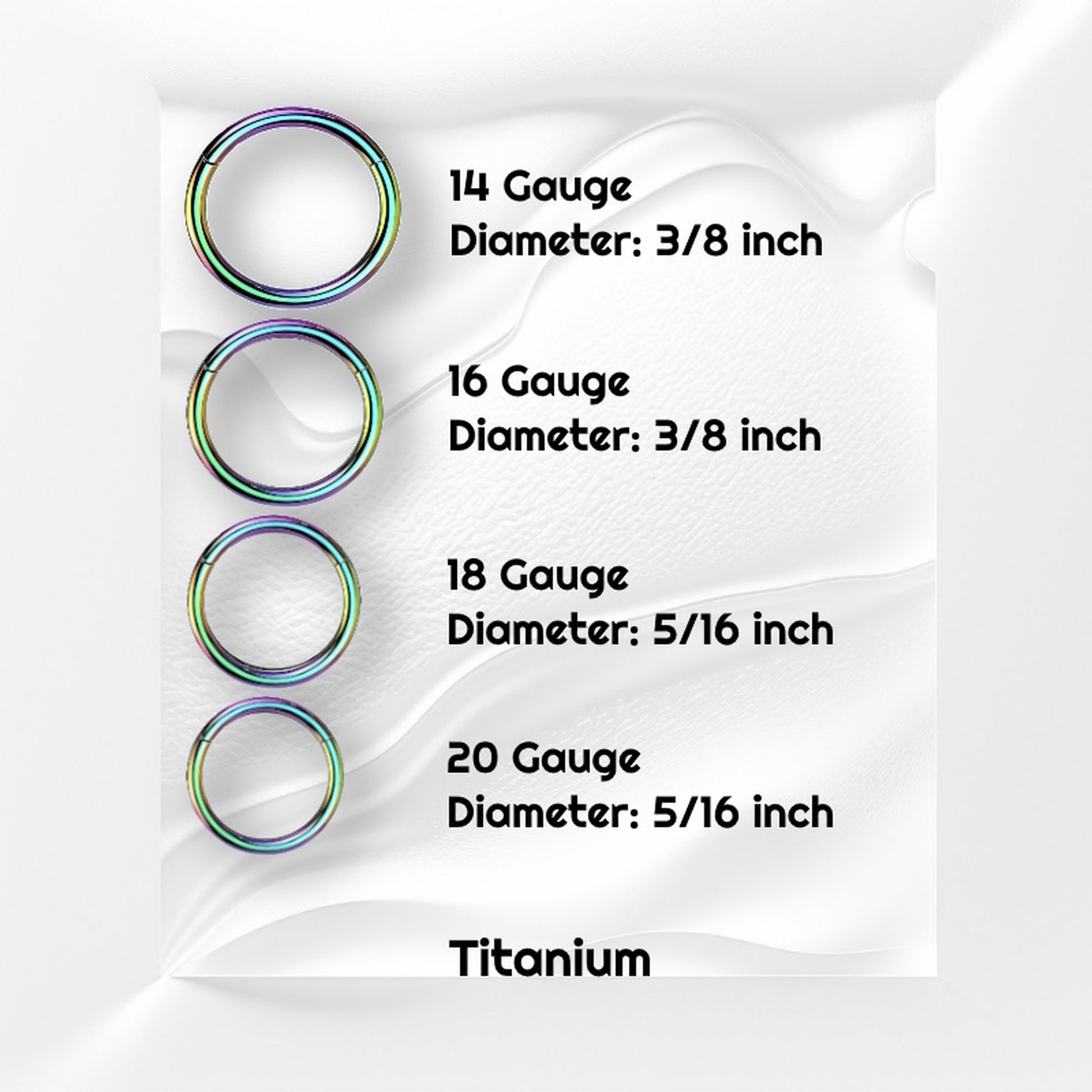 Rainbow Hinged Segment Septum Hoop ASTM F136 Titanium 14G 16G 18G 20G pictured on a gray wavy background with black text stating the sizes and material.