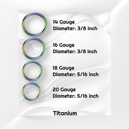 Rainbow Hinged Segment Septum Hoop ASTM F136 Titanium 14G 16G 18G 20G pictured on a gray wavy background with black text stating the sizes and material.