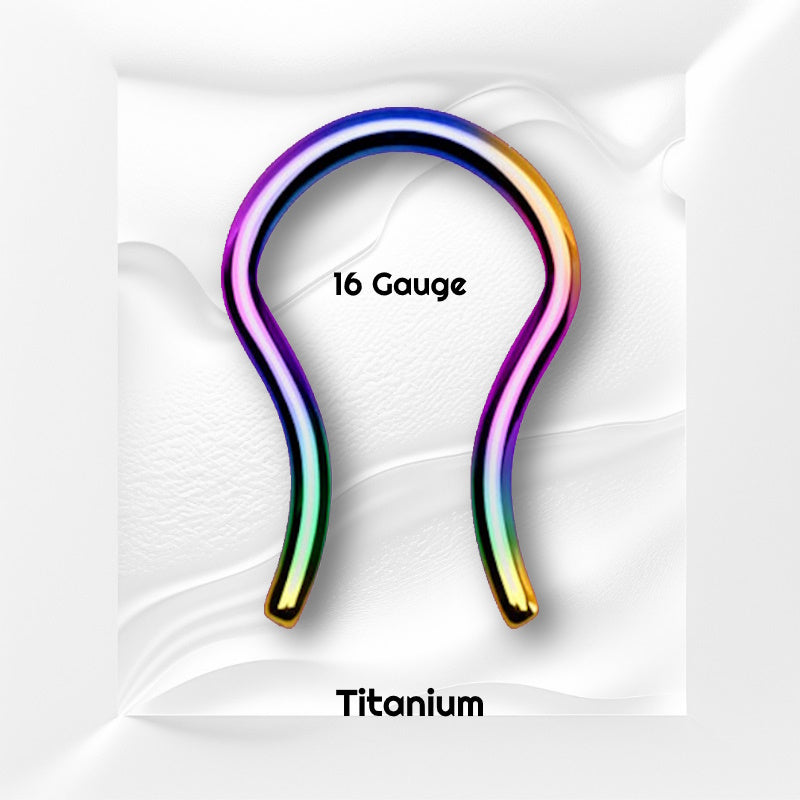 A rainbow titanium septum retainer pictured on a white wavy background with black text stating the size of the septum piece.