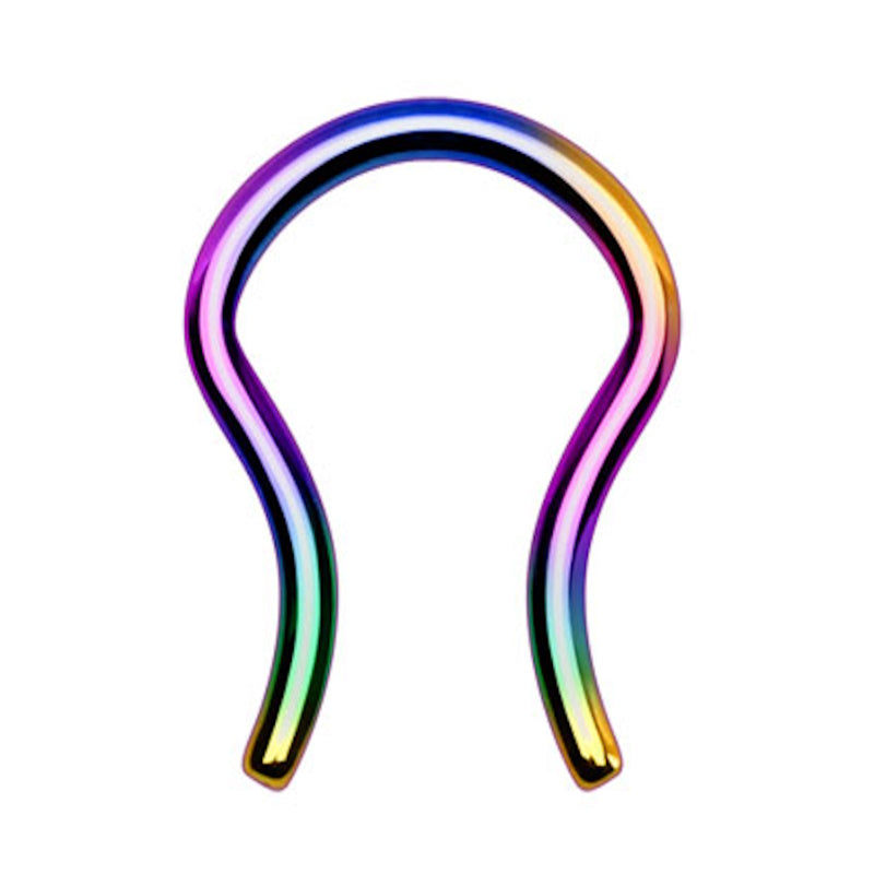 A rainbow titanium septum retainer in 16 gauge pictured against a white background.