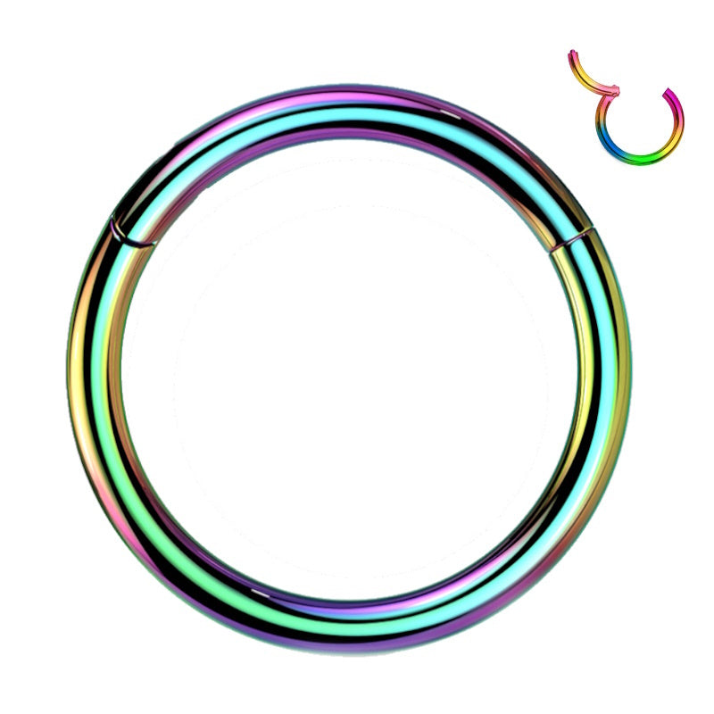 A rainbow titanium septum ring that has a hinged segment closure pictured against a white background.