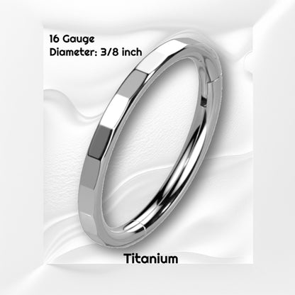 Rectangular Facet Segment Septum Hoop 16 Gauge ASTM F136 Titanium with text showing the size on a wavy gray background.