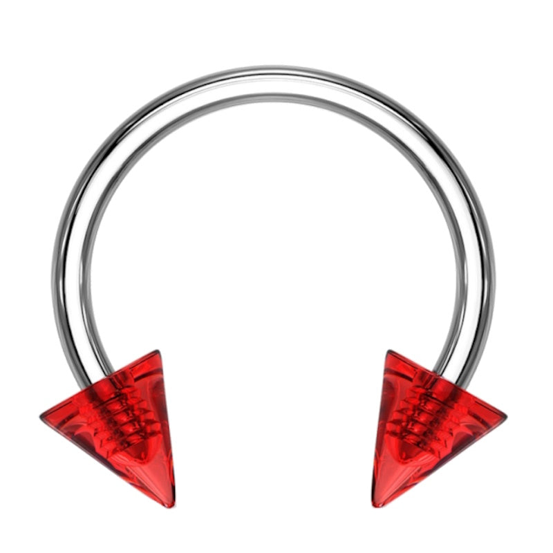 A red spike septum ring featuring a horseshoe design with a red acrylic spike on each end pictured against a white background.