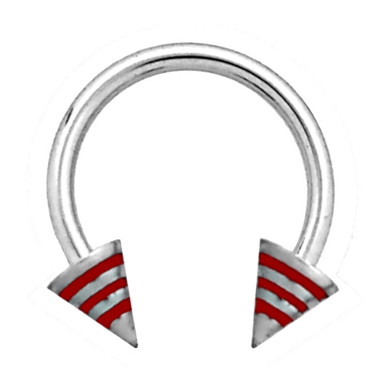 A red stripe spike septum horseshoe with a spike featuring three red stripes on each end pictured against a white background.