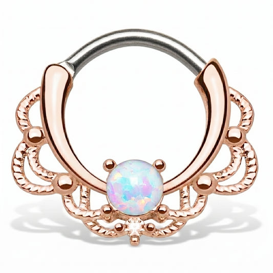 Rose Gold Filigree Opal Septum Clicker 16 Gauge 316L Surgical Steel pictured against a white background.