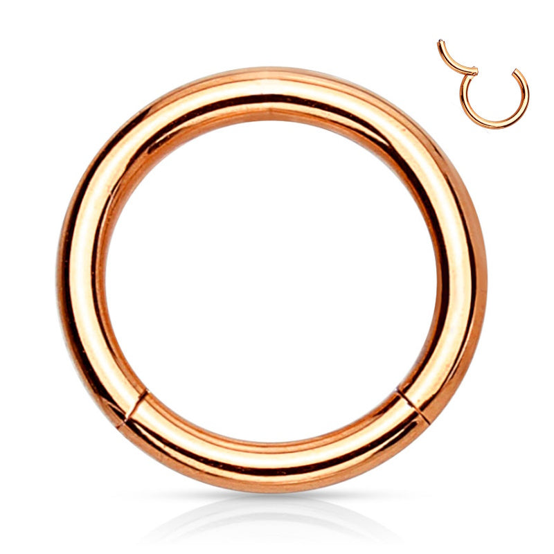 A rose gold 10g segment ring crafted from surgical steel pictured against a white background.