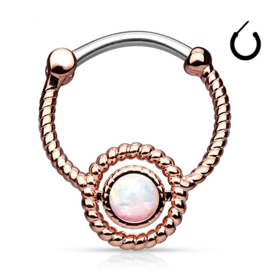 A rose gold clicker septum ring that has a twisted hoop design with a clicker closure and an opal bead front an center pictured against a white background.