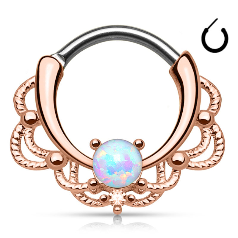 Rose Gold Filigree Opal Septum Clicker 16 Gauge 316L Surgical Steel pictured on a white background.