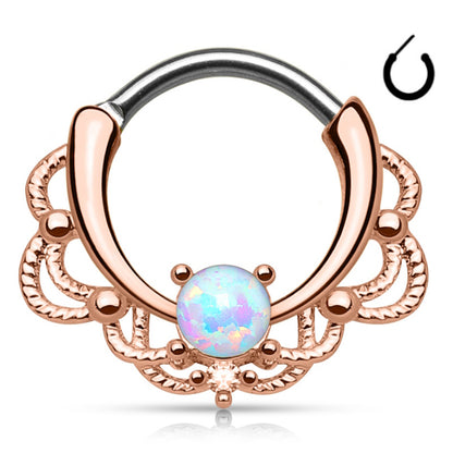Rose Gold Filigree Opal Septum Clicker 16 Gauge 316L Surgical Steel pictured on a white background.