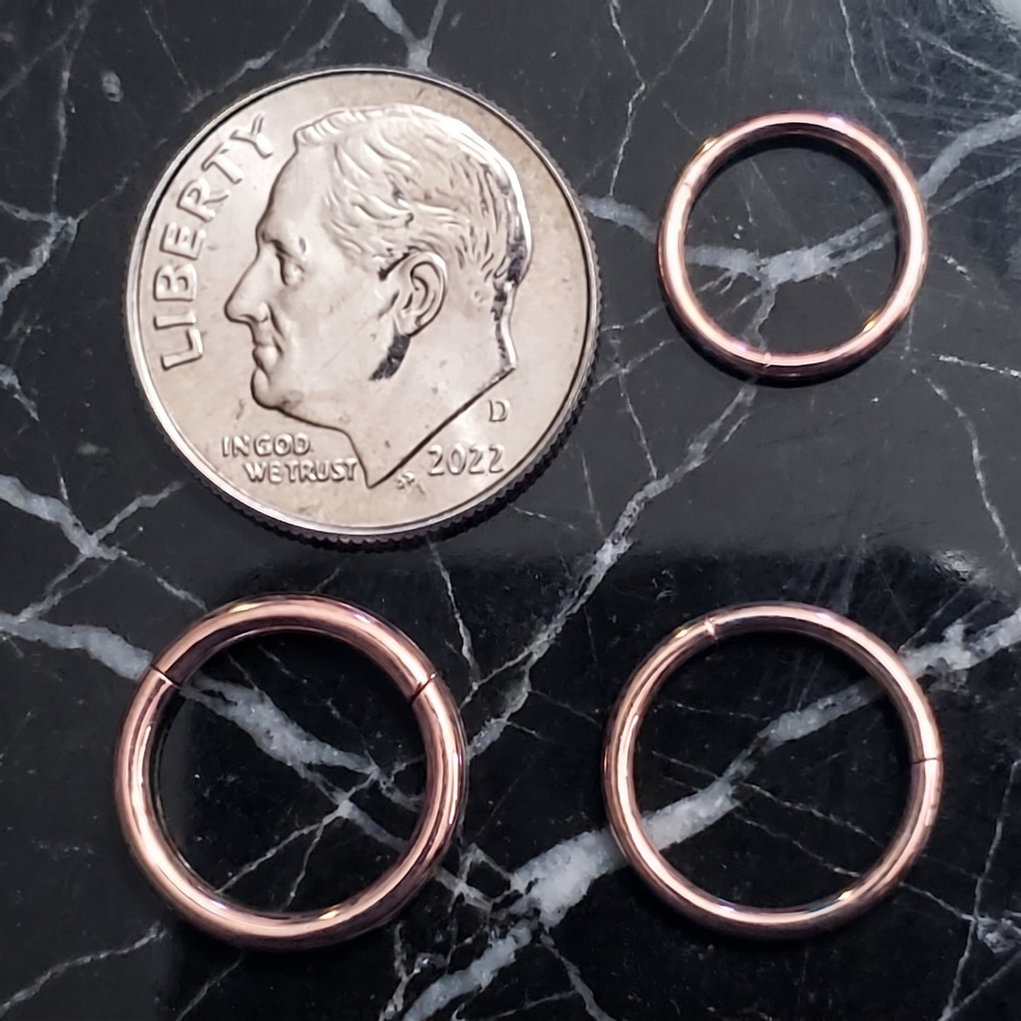Rose Gold Hinged Segment Hoop ASTM F136 Titanium 18G 16G 14G pictured next to a US dime for size comparison.