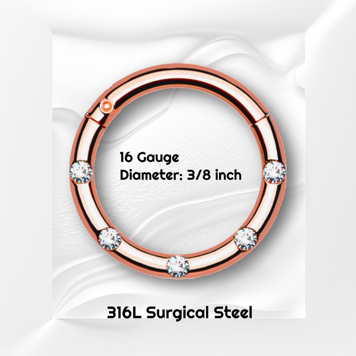 Rose Gold Hinged Segment Ring Cubic Zirconia 16G 316L Surgical Steel with a wavy gray background and black text showing the size of this septum ring and material.