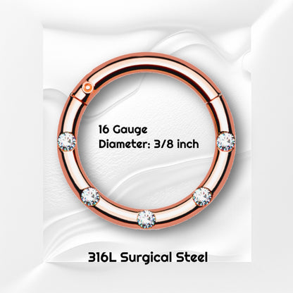Rose Gold Hinged Segment Ring Cubic Zirconia 16G 316L Surgical Steel with a wavy gray background and black text showing the size of this septum ring and material.