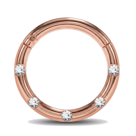 Rose Gold Hinged Segment Ring Cubic Zirconia 16G 316L Surgical Steel pictured against a white background.