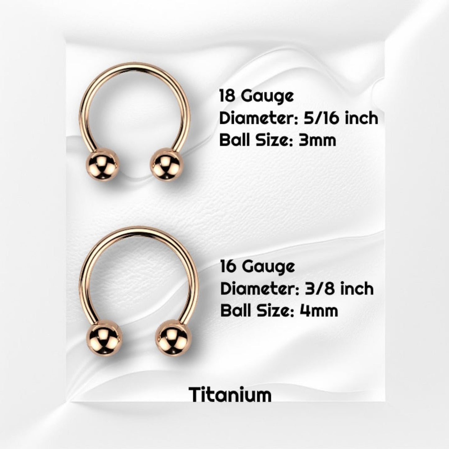Two rose gold horseshoe circular barbell septum rings are pictured on a white wavy background with black text stating the size of these pieces of septum jewelry.