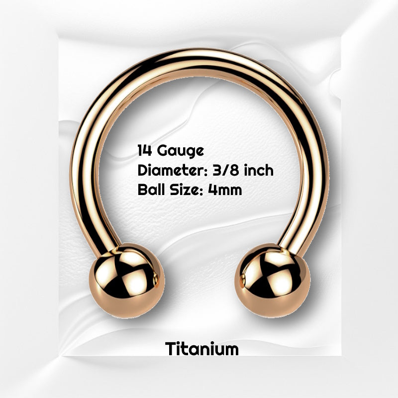 A rose gold septum ring pictured on a white wavy background with black text stating the size of this piece of septum jewelry.