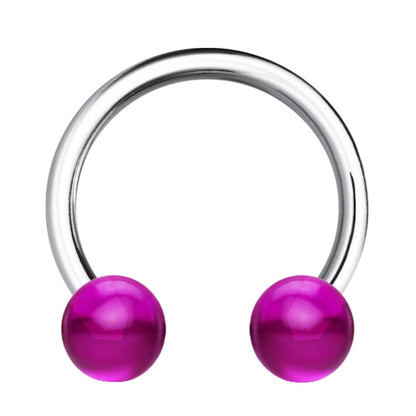 A septum piercing circular barbell featuring a horseshoe design with an acrylic purple ball on each end pictured against a white background.