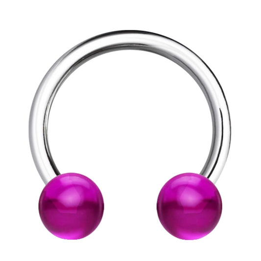 A septum piercing circular barbell featuring a horseshoe design with an acrylic purple ball on each end pictured against a white background.