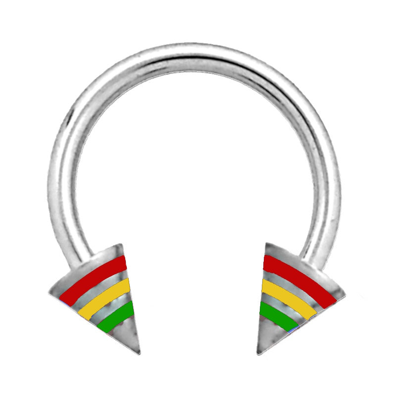 A spike Rasta septum ring featuring a circular barbell design that has a spike on each end with a red, yellow, and green stripe pictured against a white background.