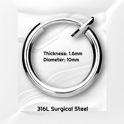 Spring Action Fake Septum Ring Titanium Plated 316L Surgical Steel pictured on a wavy gray background with its size and material in black text.