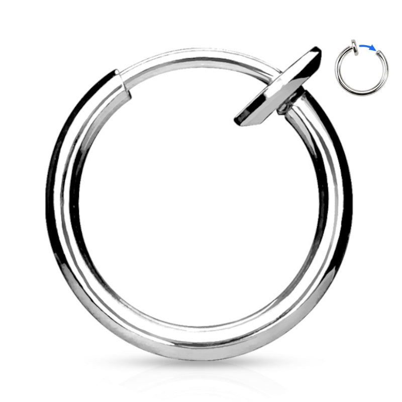 A spring action fake septum ring that slides open and close pictured against a white background.