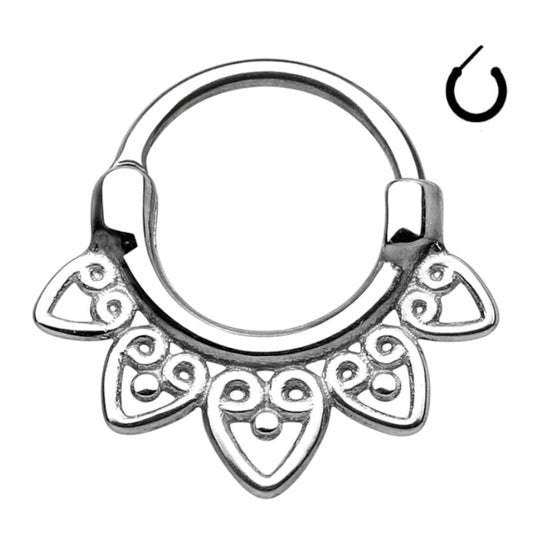 A stainless steel septum clicker featuring a tribal fan design pictured against a white background.