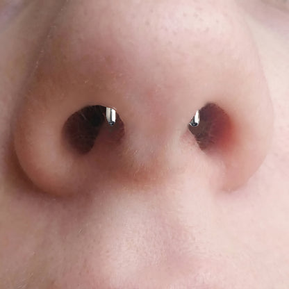 Staple Design Septum Retainer 316L Surgical Steel pictured in the septum piercing of a female model.