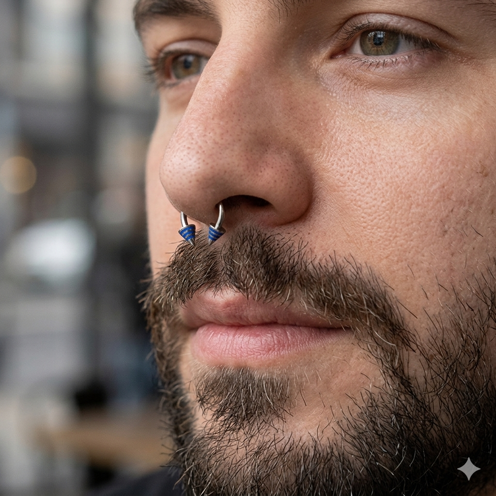 Stripe Spike Septum Ring 16 Gauge 316L Surgical Steel Blue Stripes Male Model.