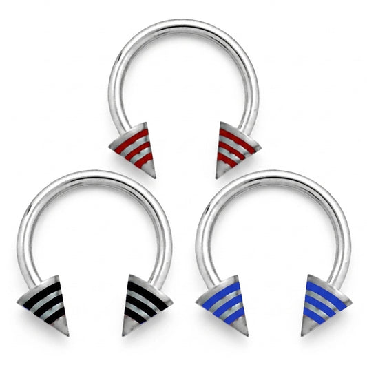 Stripe Spike Septum Ring 16 Gauge 316L Surgical Steel Red Blue Black stripes on a white background.