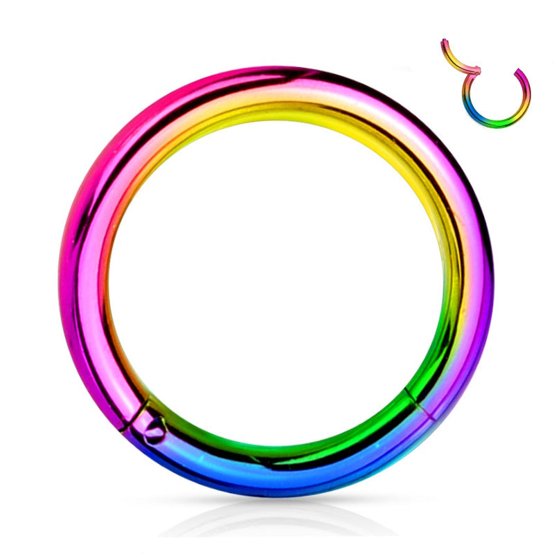 A rainbow plated surgical steel 12g septum ring featuring a hinged segment closure pictured against a white background.