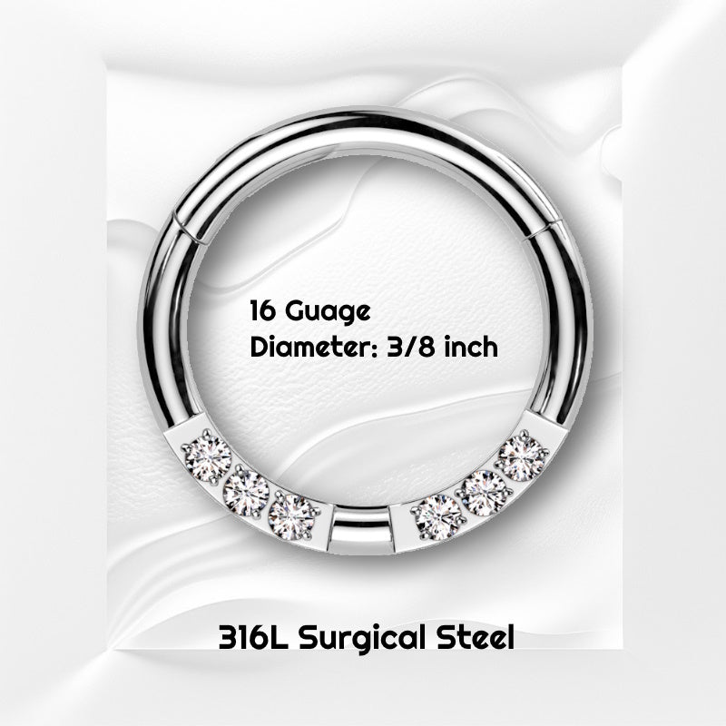 A surgical steel 16g segment ring pictured on a white wavy background with black text stating the size of this piece of septum jewelry.