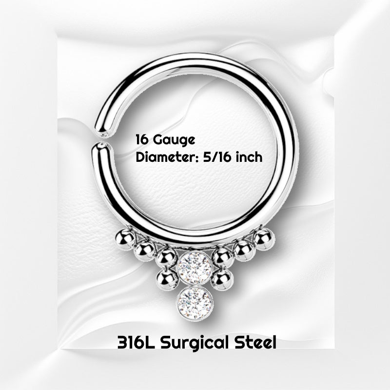 A surgical steel 16g septum ring pictured on a white wavy background with black text stating the size of this piece of septum jewelry.