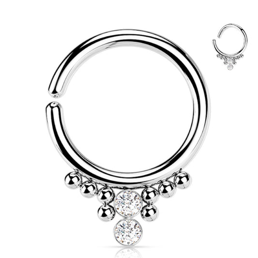 A surgical steel 16g septum ring featuring a bendable hoop with cluster beads and two flat cubic zirconia pictured against a white background.