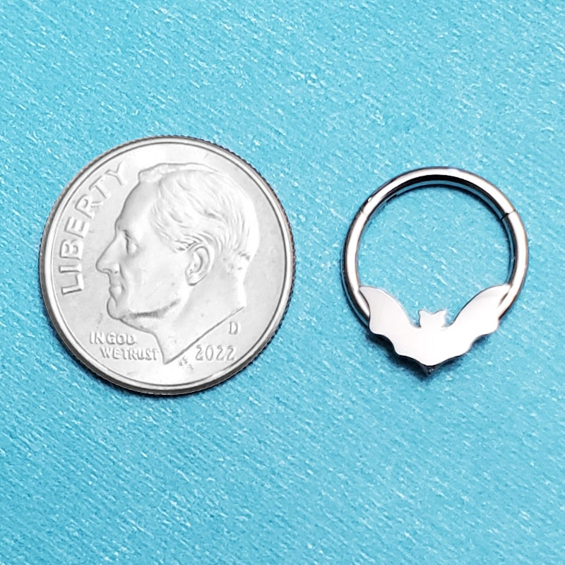 A surgical steel bat segment ring pictured on an aqua background next to a dime for a size comparison.