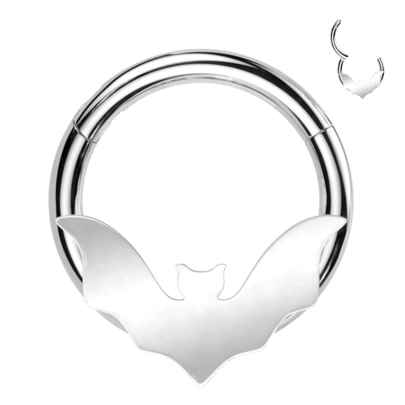 A surgical steel bat segment ring featuring a bat design on the front of a surgical steel hoop with a clicker style closing pictured against a white background.