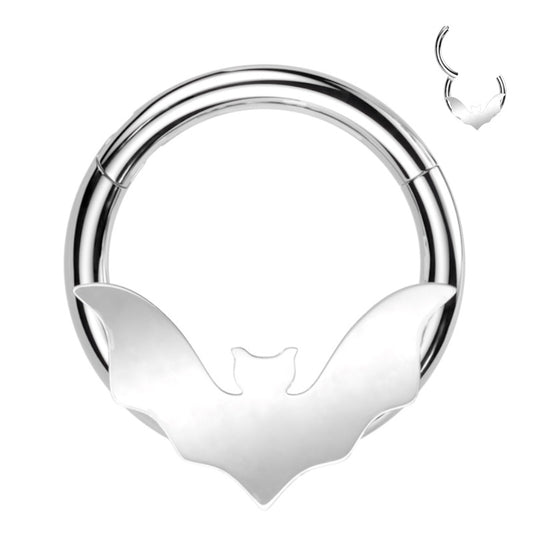 A surgical steel bat segment ring featuring a bat design on the front of a surgical steel hoop with a clicker style closing pictured against a white background.