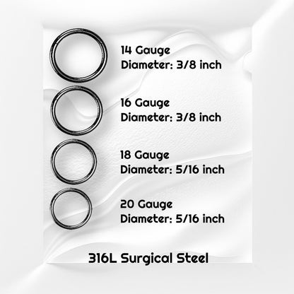 Four sizes of surgical steel black segment rings pictured on a white wavy background with black text stating the size of each piece of this septum jewelry.