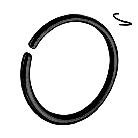 A surgical steel black septum hoop featuring a bendable open and close design pictured against a white background.