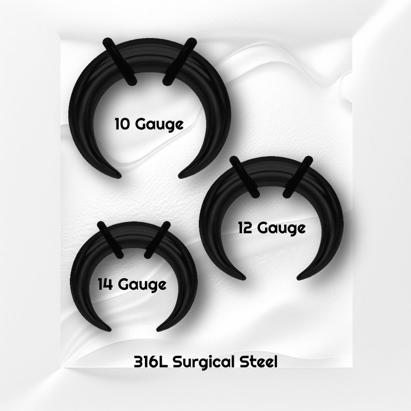 Three surgical steel black septum pinchers pictured on a white wavy background with black text stating the sizes of each piece of septum jewelry.