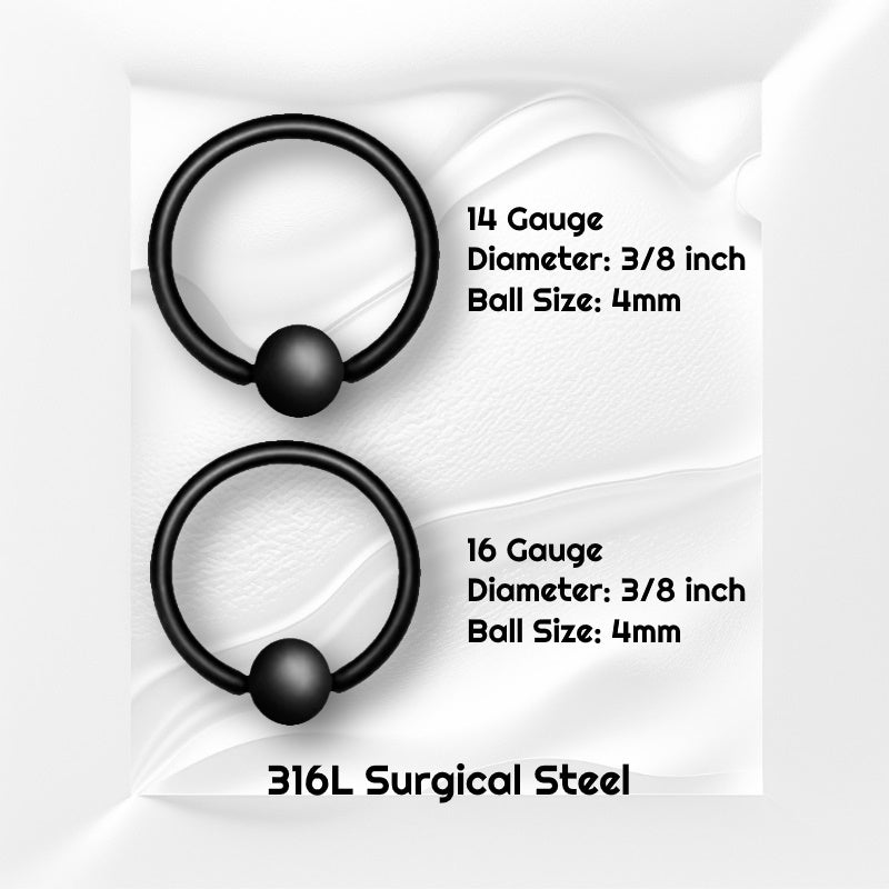 Two sizes of surgical steel black septum rings pictured on a white wavy background with black text stating the size of each piece of this septum jewelry.