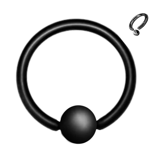 A matte black surgical steel black septum ring designed as a hoop with a captive bead closure pictured against a white background.