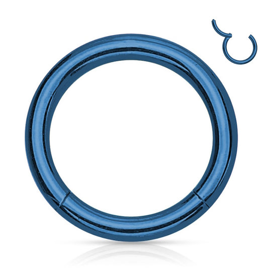 A surgical steel blue segment ring with a hinged segment open and close design pictured against a white background.