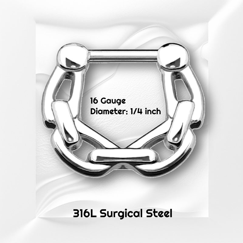 A surgical steel chain septum clicker pictured on a white wavy background with black text stating the size of this piece of septum jewelry.