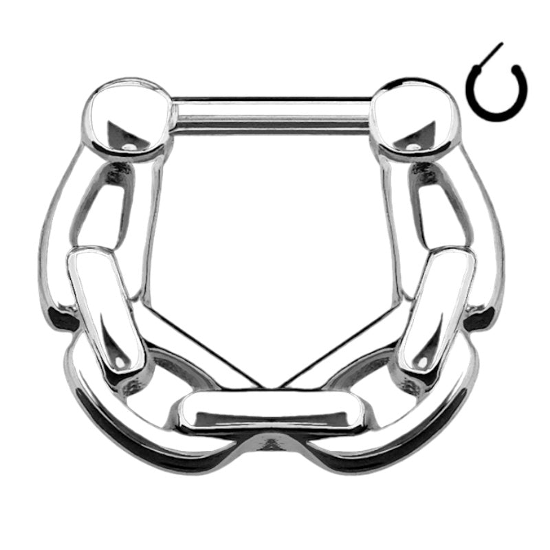 A 16 gauge surgical steel chain septum clicker pictured against a white background.