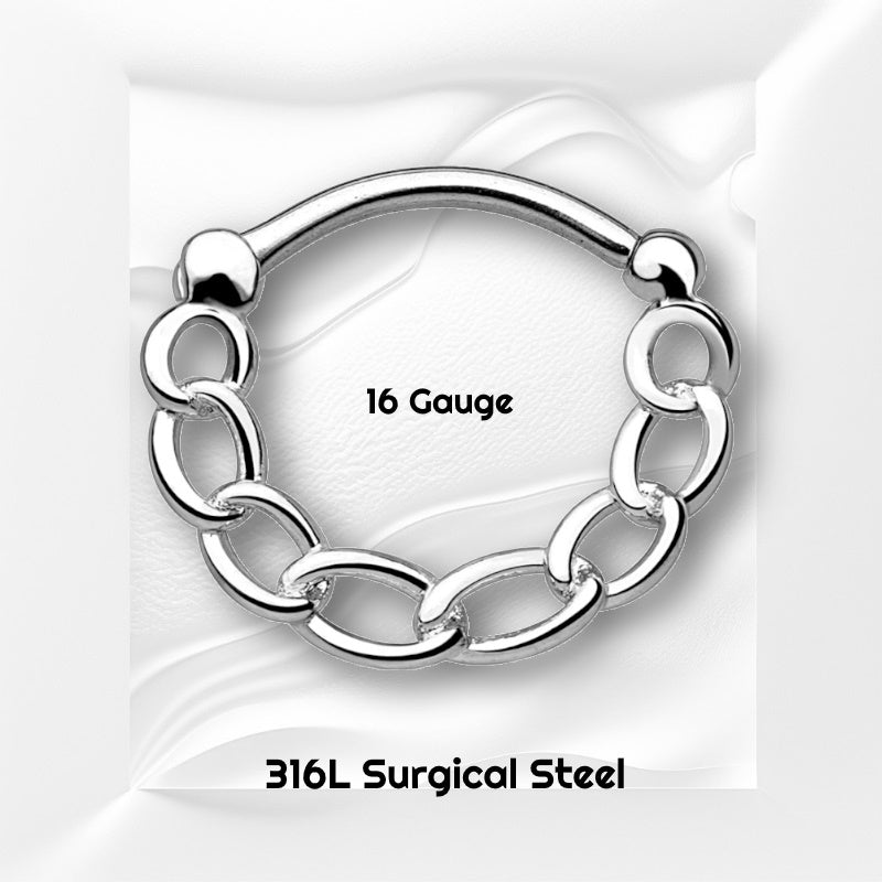 A surgical steel chain septum ring pictured on a white wavy background with black text stating the size of this piece of septum jewelry.