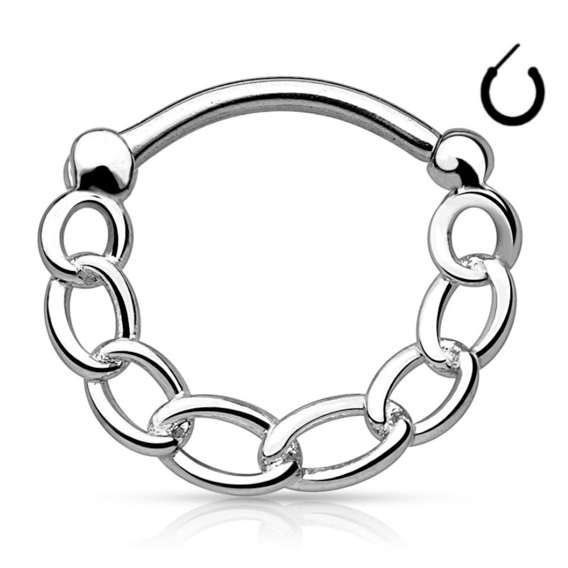 A surgical steel chain septum ring with a simple open & close clicker bar pictured against a white fabric background.