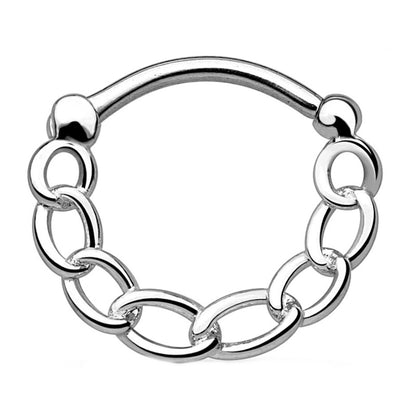 Silver chain-link septum clicker on a white background.