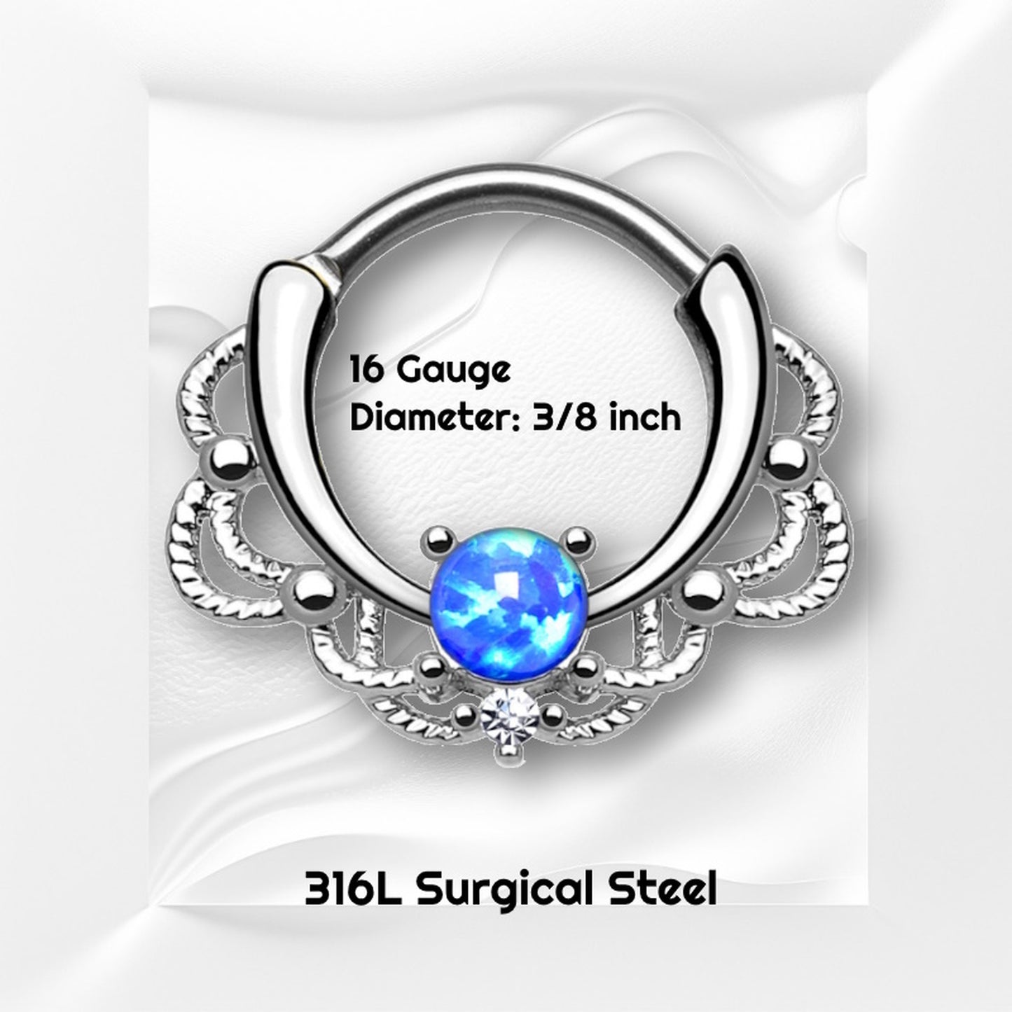 Filigree Blue Opal Septum Clicker 16 Gauge 316L Surgical Steel Brass info graphic with the size and material of the septum clicker in black text.