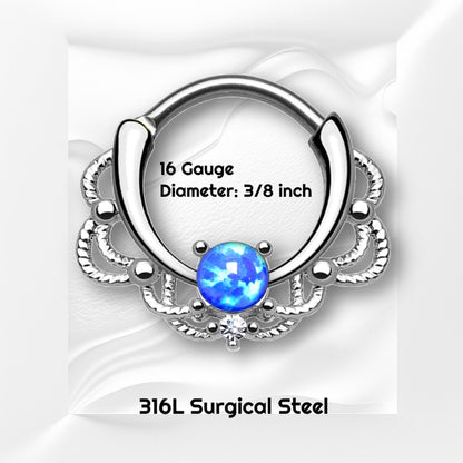 Filigree Blue Opal Septum Clicker 16 Gauge 316L Surgical Steel Brass info graphic with the size and material of the septum clicker in black text.