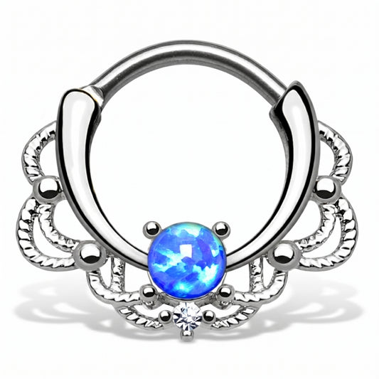 Filigree Blue Opal Septum Clicker 16 Gauge 316L Surgical Steel Brass pictured against a white background.