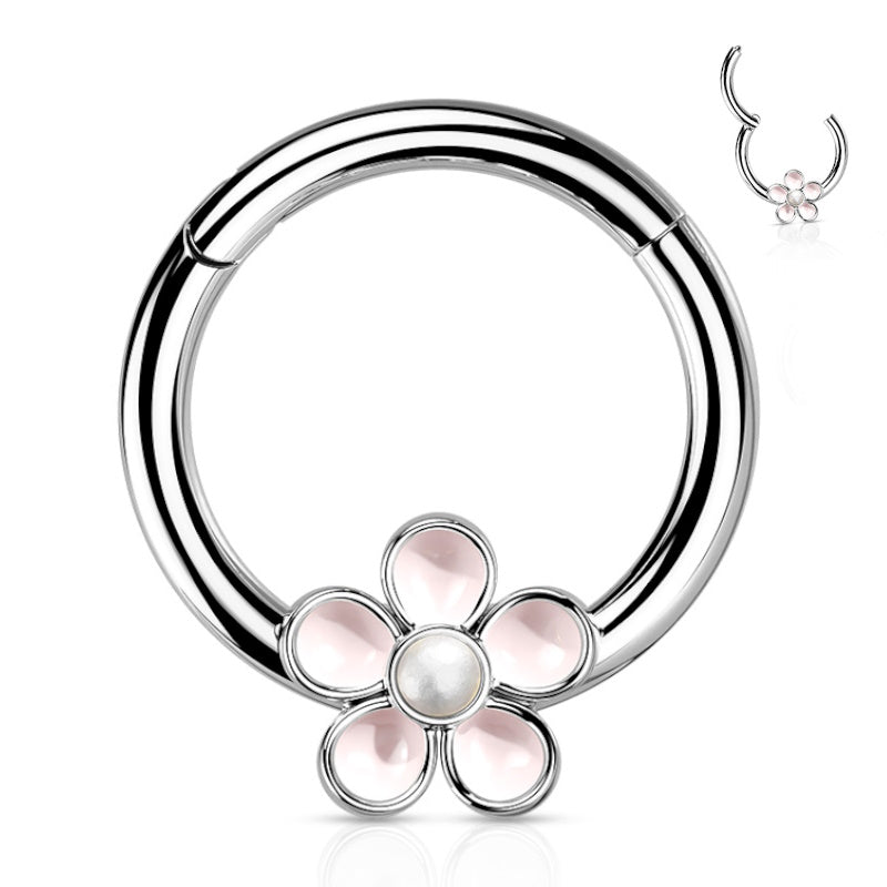 A 16 gauge surgical steel flower septum ring featuring an enamel flower facing front on a clicker hoop design pictured against a white background.